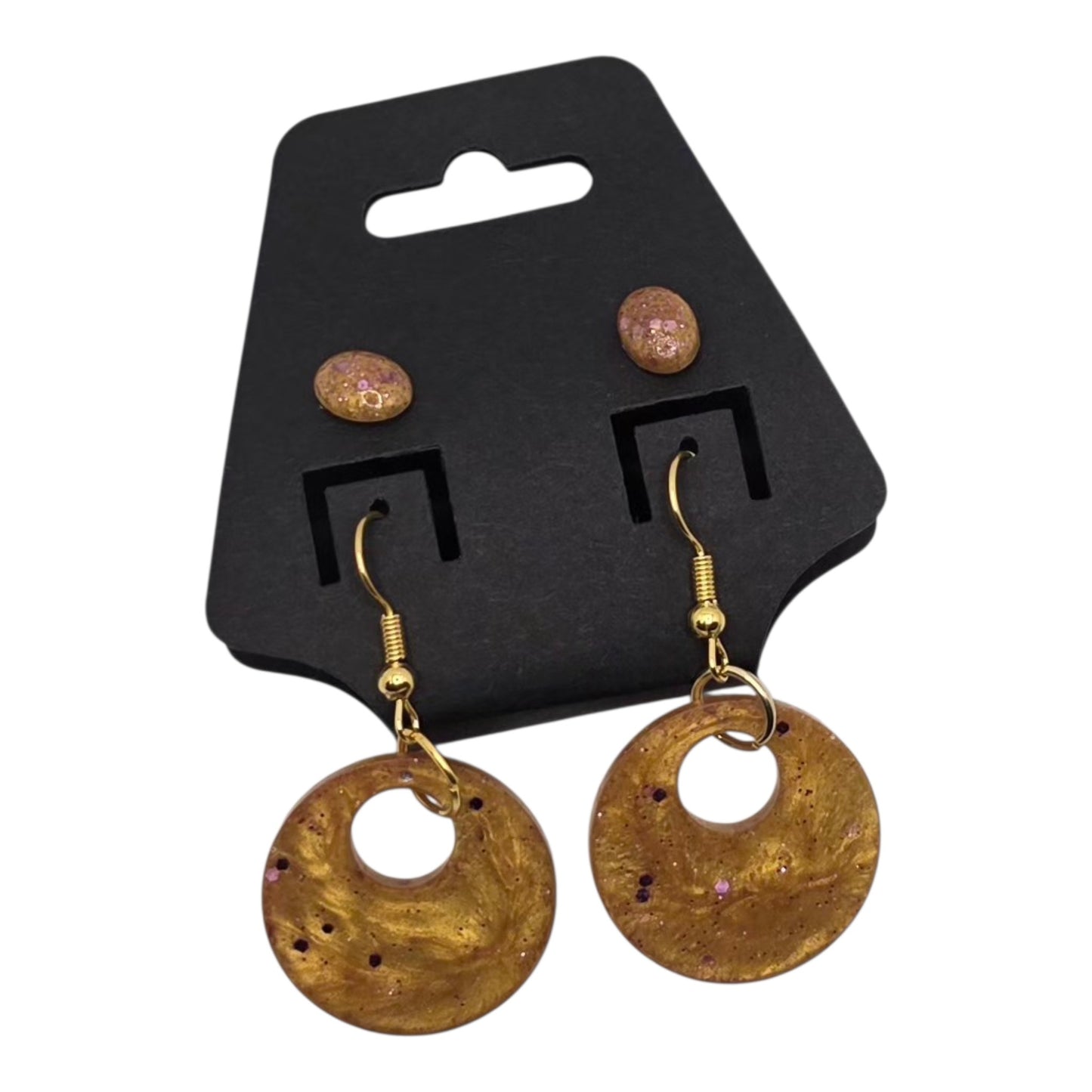 Golden Halo Resin Dangle Earrings with Matching Studs