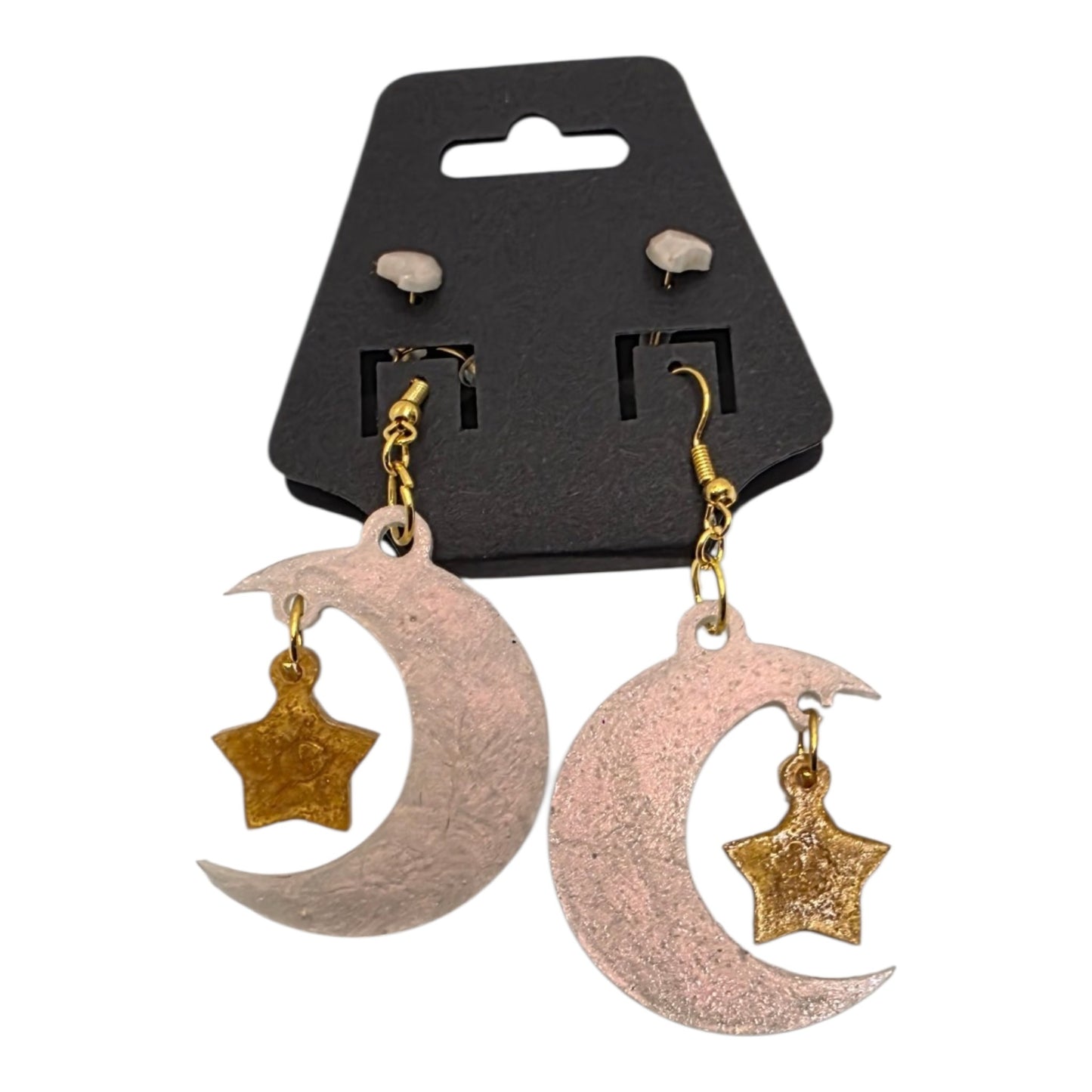 Celestial White Moon & Gold Star Resin Dangle Earrings with heart studs