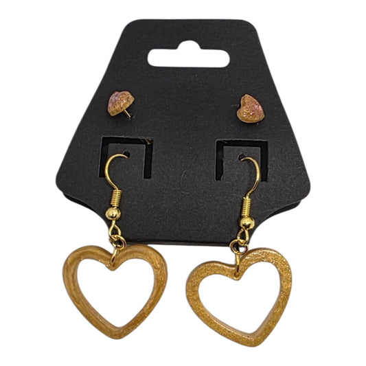 Golden Heart Resin Dangle Earrings with Matching Studs